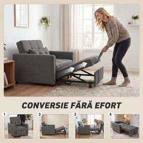 HOMCOM Fotoliu Pat Single 3 în 1 din Material Textil Tip In și Lemn cu Spătar Reclinabil, Pernă, Buzunare, Gri | Aosom Romania