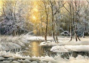 Tablou pe sticlă - Cabană în pădure, pictură în uei (70x50 cm)