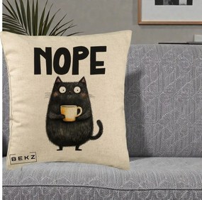 Perna Decorativa NOPE Pisica Neagra Cafea, 40x40 cm, Bej, Husa Detasabila, Perna Inclusa, BEKZ®