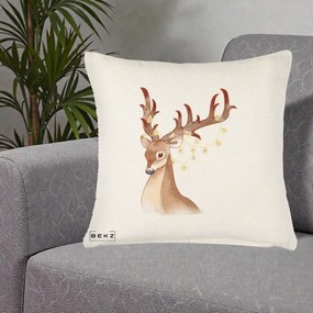 Perna Decorativa Ren cu Luminite de Craciun, 40x40 cm, Crem Reliefat, Husa Detasabila, Perna Inclusa, BEKZ®