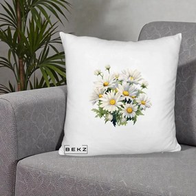 Perna Decorativa Buchet Margarete Albe Acuarela, 40x40 cm, Alb Pufos, Husa Detasabila, Perna Inclusa, BEKZ®