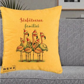 Perna Decorativa Flamingo Craciun Sarbatoarea Familiei, 40x40 cm, Galben, Husa Detasabila, Perna Inclusa, BEKZ®