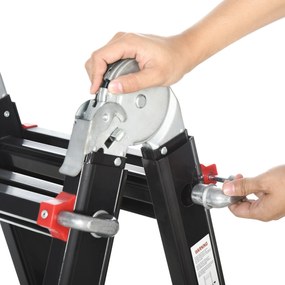 HOMCOM Scară telescopică, trepte antialunecare, rezistentă până la 150 kg, aluminiu, Negru+Roșu | Aosom Romania