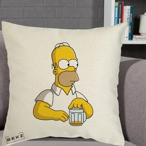 Perna Personalizata Homer Simpson cu Bere, 40x40 cm, Ecru, Husa Detasabila, Perna Inclusa, BEKZ®