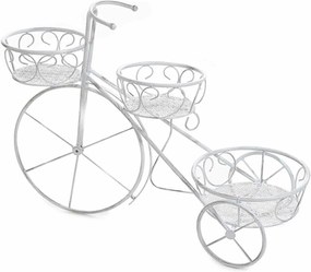 Suport flori fier forjat alb patinat tip bicicleta 3 ghivece cm 66,5 x 24 x 46 H