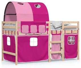 3283855 vidaXL Pat etajat de copii cu tunel, roz, 90x190 cm, lemn masiv pin