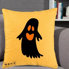 Perna Decorativa Halloween Fantoma Neagra cu Ochi Portocalii, 40x40 cm, Galben, Husa Detasabila, Perna Inclusa, BEKZ®