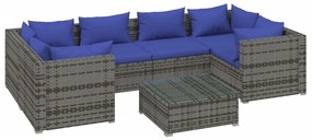 Set mobilier de gradina cu perne, 7 piese, gri, poliratan gri si bleumarin, 4x colt + 2x mijloc + masa, 1