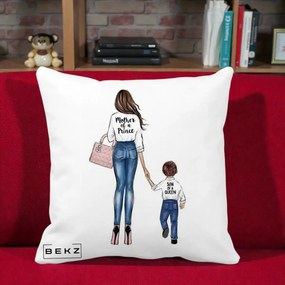Cadou pentru Mama - Perna Personalizata Patrata Mother of a Prince, 40x40 cm, Alba Mata, Husa Detasabila, Perna Inclusa, BEKZ®