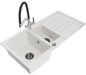 Mexen Andres chiuvetă din granit cu 1,5 compartimente cu scurgător și baterie de bucătărie Duo, alb - 6515-20-671701-07-B