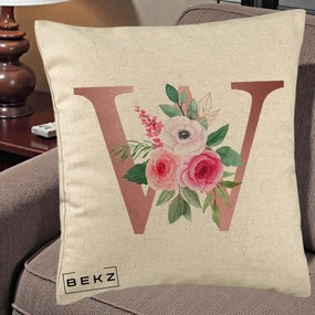 Cadou Personalizat - Perna Personalizata Monograma Rose Gold Litera W cu Trandafiri si Anemona, 40x40 cm, Bej, Husa Detasabila, Perna Inclusa, BEKZ®