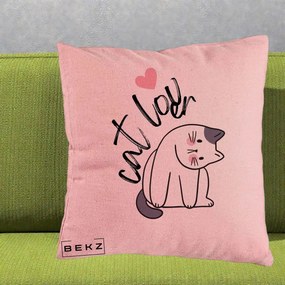 Perna Personalizata Cat Lover Pisica Ilustratie Linie, 40x40 cm, Roz, Husa Detasabila, Perna Inclusa, BEKZ®