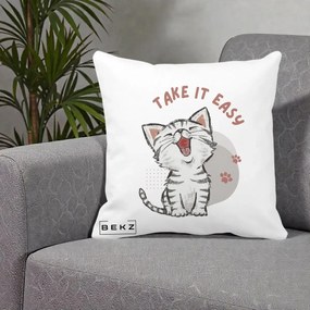 Perna Personalizata Take It Easy Cat, 40x40 cm, Alba Mata, Husa Detasabila, Perna Inclusa, BEKZ®