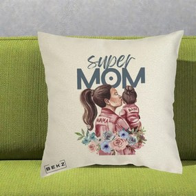 Cadou pentru Mama - Perna Personalizata Super Mom Mama cu Bebelusul, 40x40 cm, Ecru, Husa Detasabila, Perna Inclusa, BEKZ®