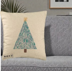 Perna Decorativa Brad de Craciun Acrilic Albastru, 40x40 cm, Bej, Husa Detasabila, Perna Inclusa, BEKZ®