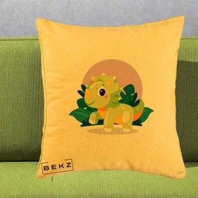 Perna Decorativa Triceratops Kawaii Verde, 40x40 cm, Galben, Husa Detasabila, Perna Inclusa, BEKZ®