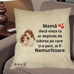 Cadou pentru Mama - Perna Personalizata Mama Nemuritoare cu Balon Inima, 40x40 cm, Crem, Husa Detasabila, Perna Inclusa, BEKZ®