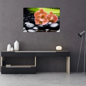Tablou - Orhidee portocalie cu frunze de palmier (90x60 cm)