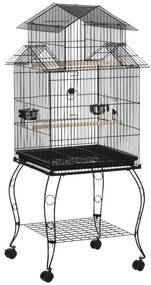 PawHut Colivie pentru Păsări din Oțel și Lemn cu Tavă Detașabilă, 4 Roți și Recipient pentru Alimente, 51,5x50x140 cm, Negru | Aosom Romania