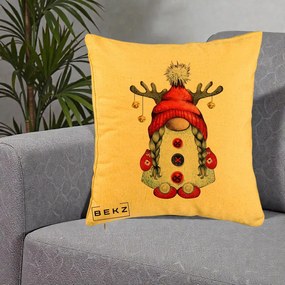 Perna Decorativa Pitic Gnom Craciun cu Coarne de Ren, 40x40 cm, Galben, Husa Detasabila, Perna Inclusa, BEKZ®