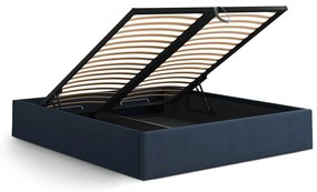 Pat matrimonial albastru închis tapițat cu spațiu de depozitare/fără tăblie cu somieră 200x200 cm Susan – Micadoni