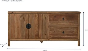 Comodă TV living din lemn reciclat, natur, cu 2 uși, 2 sertare și mâner rotund din metal negru, 65 x 156 x 44 cm, „Haven”