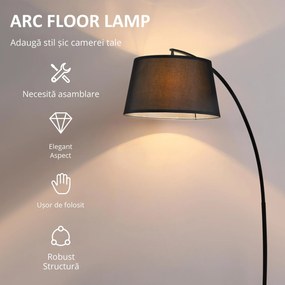 HOMCOM Lampa de Podea Arc Inalta, Design Modern cu Abajur din Tesatura si Baza Metalica, Comutator cu Pedala, Negru | Aosom Romania