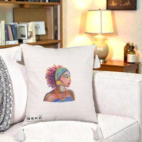 Perna Decorativa Portret Femeie Urbana Acuarela, 40x40 cm, Bej cu Franjuri, Husa Detasabila, Perna Inclusa, BEKZ®