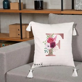 Cadou Personalizat - Perna Personalizata Monograma Rose Gold Litera F, 40x40 cm, Bej cu Franjuri, Husa Detasabila, Perna Inclusa, BEKZ®