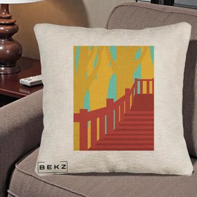 Perna Decorativa Scari Toamna Peisaj Grafic, 40x40 cm, Bej Canapea, Husa Detasabila, Perna Inclusa, BEKZ®