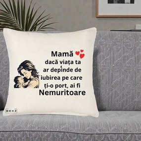 Cadou pentru Mama - Perna Personalizata Mama Nemuritoare Aproape de Bebe, 40x40 cm, Crem Reliefat, Husa Detasabila, Perna Inclusa, BEKZ®