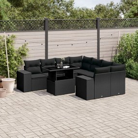 3269055 vidaXL Set mobilier de grădină cu perne, 9 piese, negru, poliratan