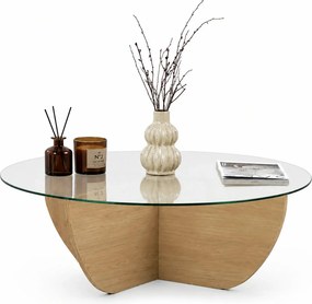 Masuta cafea LIYA, stejar/transparent, sticla/PAL, 90x90x30 cm