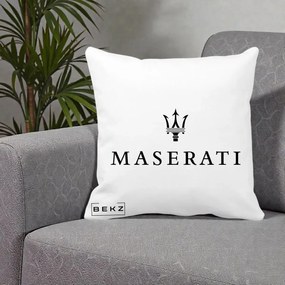 Perna Personalizata cu emblema Maserati, 40x40 cm, Alba Mata, Husa Detasabila, Perna Inclusa, BEKZ®