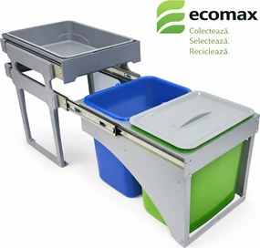 Cos gunoi incorporabil Tank Front 40 Ecomax, cu extragere automata, colectare selectiva, 2 x 16 l Polipropilena, Gri Verde Albastru, H:428 mm; L:339