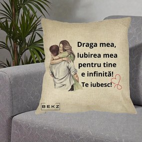 Cadou pentru Iubita - Perna Personalizata Draga Mea Iubirea Mea Infinita Te Iubesc cu Cuplu Acuarela, 40x40 cm, Crem, Husa Detasabila, Perna Inclusa, BEKZ®