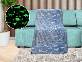 Patura fosforescenta microflanel DINO BLUE 150x200 cm albastru