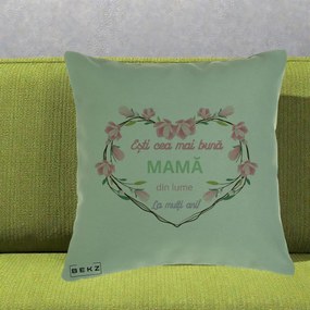 Cadou pentru Mama - Perna Personalizata Esti Cea mai Buna Mama din Lume La Multi Ani cu Inima Florala, 40x40 cm, Verde, Husa Detasabila, Perna Inclusa, BEKZ®