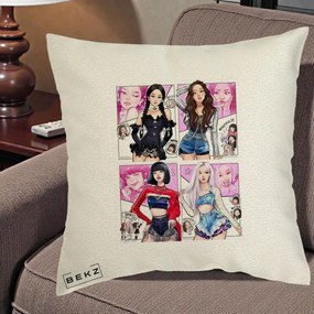 Perna Personalizata K-pop BLACKPINK Fanart Manga Benzi Desenate 4 Membre, 40x40 cm, Ecru, Husa Detasabila, Perna Inclusa, BEKZ®