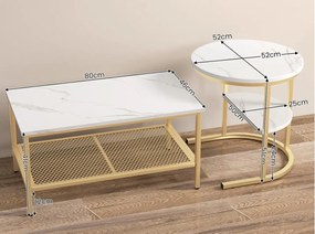 MCAU19 - Set 2 masute de cafea 80 cm si 52 cm, mese pentru living - Alb - Negru / Auriu