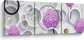 Tablou cu abstracție 3D cu cercuri și flori (cu ceas) (90x30 cm)