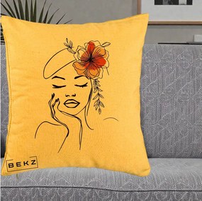 Perna Decorativa Portret Feminin Flori Palarie, 40x40 cm, Galben, Husa Detasabila, Perna Inclusa, BEKZ®