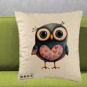 Perna Decorativa Bufnita cu Inimioare Roz, 40x40 cm, Bej, Husa Detasabila, Perna Inclusa, BEKZ®