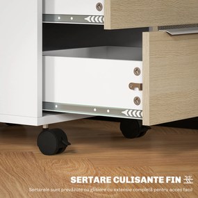 HOMCOM Dulap de Birou cu 3 Sertare, 4 Roți, Comodă de Birou cu Sistem de Blocare și 2 Chei pentru Documente Format A4, Dulap Vertical pentru Studiu, 40x40x63.5 cm, Alb și Stejar | Aosom Romania