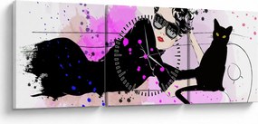 Tablou - Femeia cu pisică neagră (cu ceas) (90x30 cm)