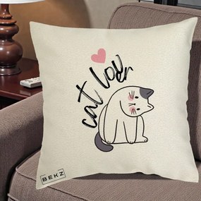 Perna Personalizata Cat Lover Pisica Ilustratie Linie, 40x40 cm, Ecru, Husa Detasabila, Perna Inclusa, BEKZ®