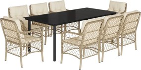 vidaXL Set de masă pentru grădină, 9 piese, cu perne, bej, poliratan