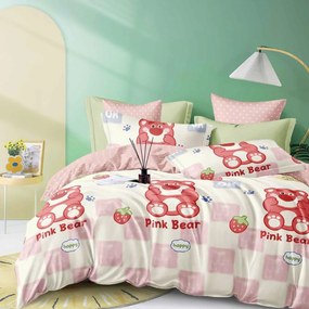 Lenjerie de pat cu 2 fete, tesatura tip finet, pat 2 persoane, 6 piese, roz, FNJ-412