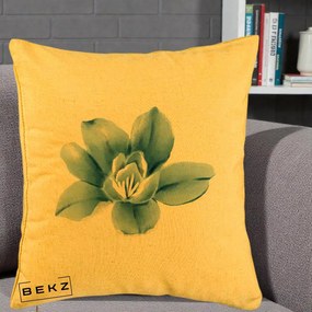 Perna Decorativa Magnolie Albastra Acuarela, 40x40 cm, Galben, Husa Detasabila, Perna Inclusa, BEKZ®