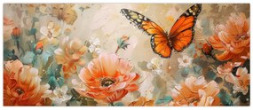 Tablou - Fluture și flori, pictură în ulei (120x50 cm)